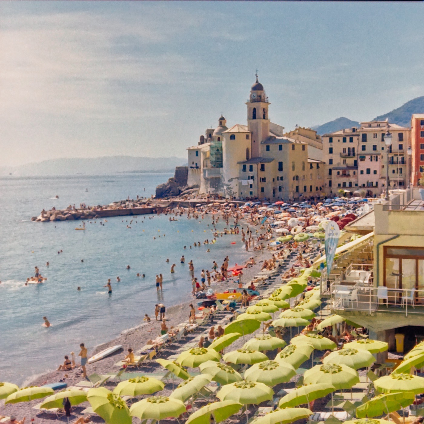 Camogli beach with green umbrellas