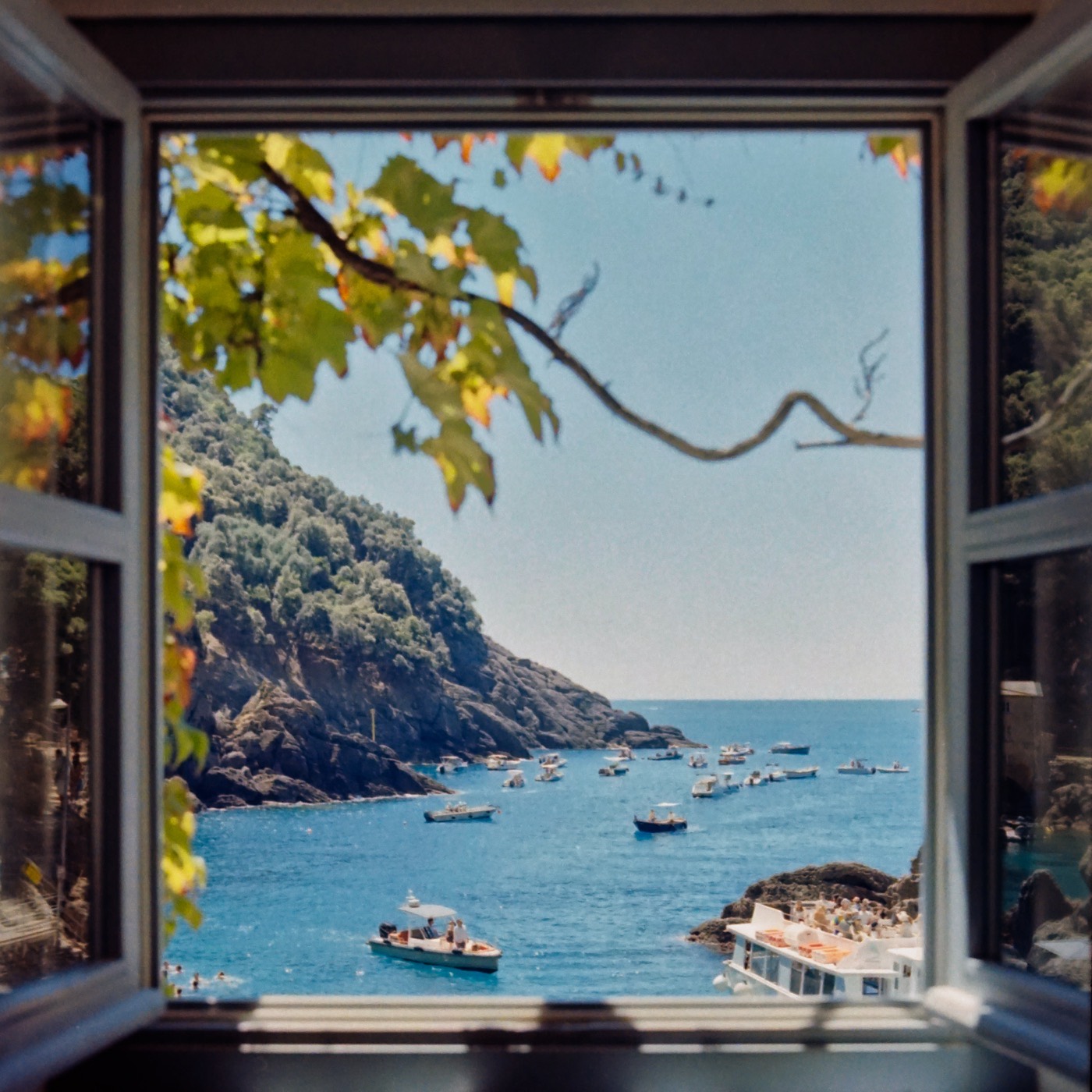 An open window over a bay full of boats